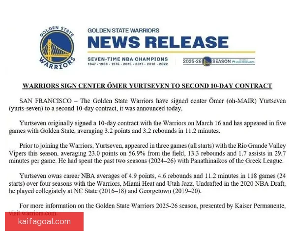 勇士队与尤尔特塞文续签第二份十天短约继续争取上场机会